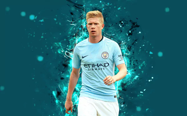Kevin De Bruyne in Manchester City F.C. colors, a Belgian soccer player, captured in a stunning HD desktop wallpaper and background.