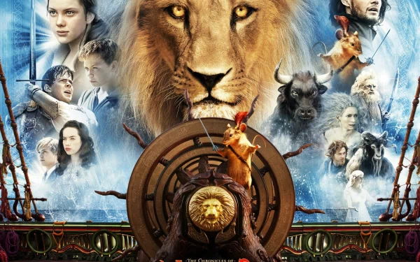 HD PC desktop wallpaper featuring key characters and the lion Aslan from the movie The Chronicles of Narnia: The Voyage of the Dawn Treader.