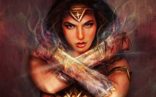 Vibrant 8K Ultra HD DC Comics wallpaper featuring Wonder Woman in a dynamic pose with glowing, crossed bracelets and intense expression.
