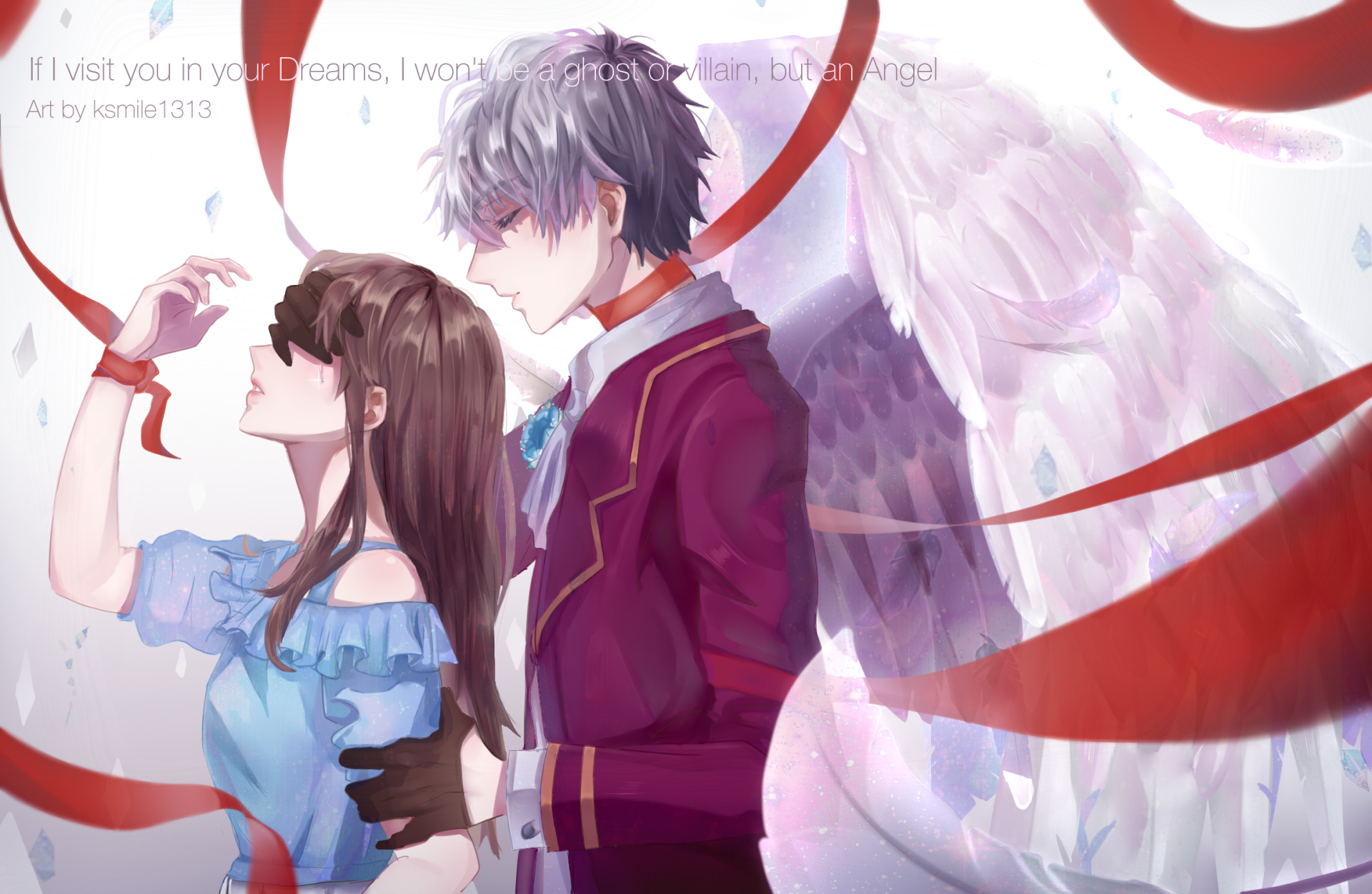 Anime Mystic Messenger HD PC desktop wallpaper: a winged gray-haired man in a purple uniform gently holds a blindfolded brown-haired woman in a blue dress as red ribbons flow around them.