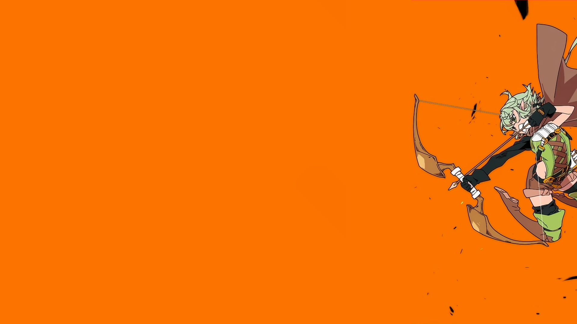 HD anime desktop wallpaper featuring the High Elf Archer from Goblin Slayer aiming her bow against a vibrant orange background.