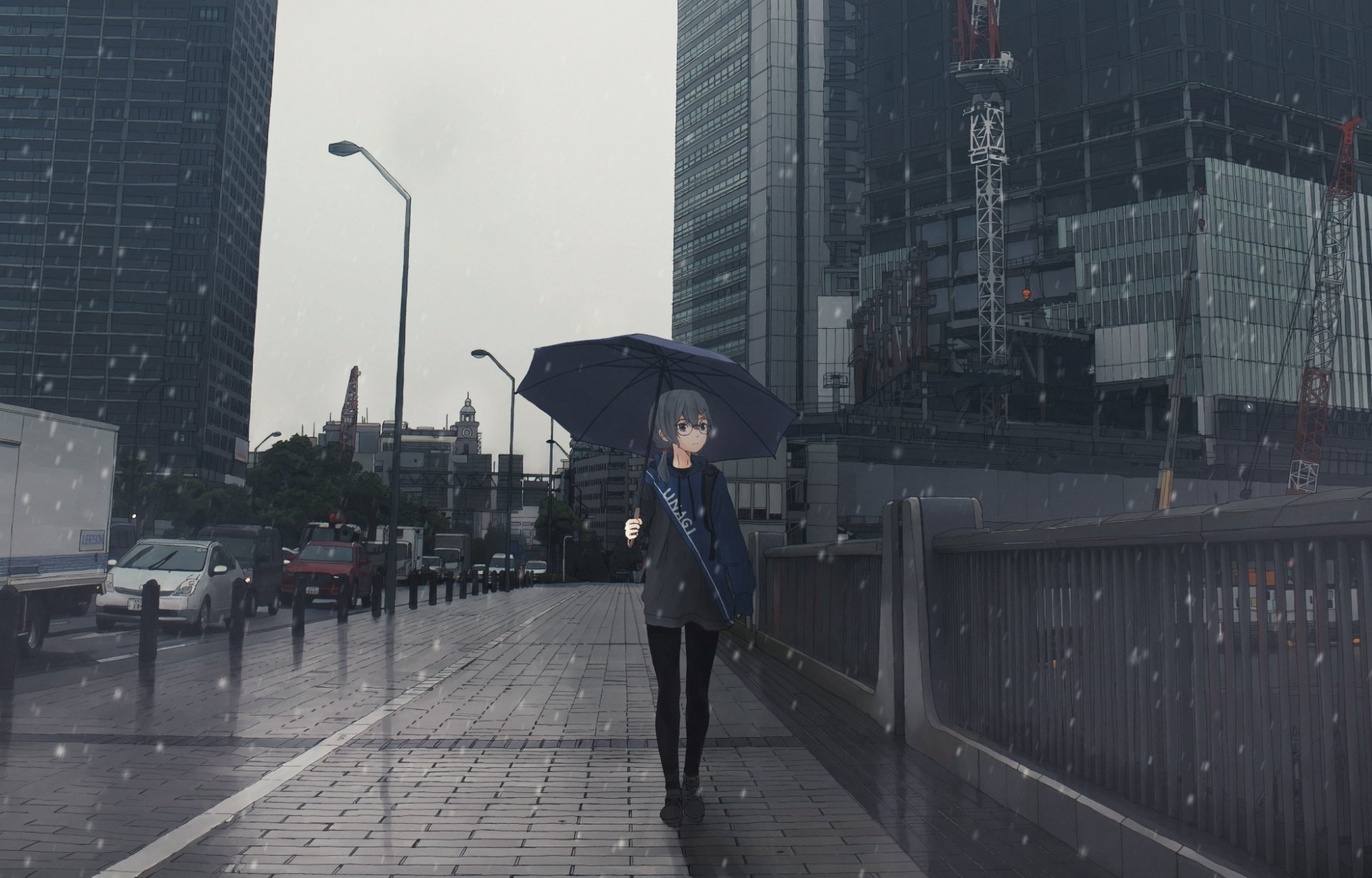 Anime-style wallpaper of a person with grey, short hair holding an umbrella while walking in a rainy cityscape. The HD image features tall buildings and a moody, urban atmosphere.
