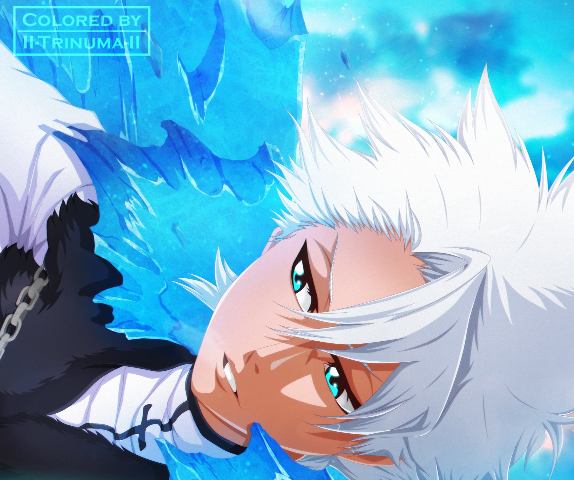 HD PC desktop wallpaper/background of Tōshirō Hitsugaya from Bleach — close-up anime portrait with white hair, teal eyes and icy blue background.