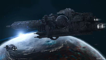 HD PC desktop wallpaper featuring a detailed sci-fi spaceship orbiting a planet in deep space, capturing a futuristic cosmic scene.