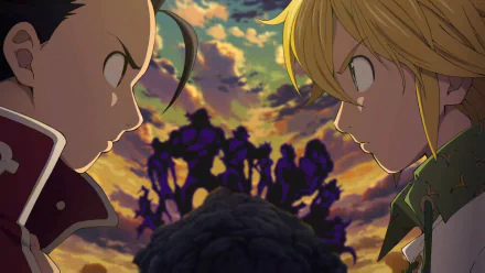 The Seven Deadly Sins HD wallpaper featuring an intense face-off between Zeldris and Meliodas against a dramatic sunset sky, with shadowy figures in the background.
