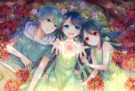 Anime-style HD desktop wallpaper featuring three original characters—a boy and two girls—surrounded by vibrant red flowers and soft glowing light in a lush garden setting.