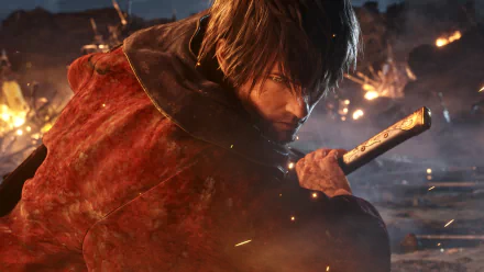 HD PC desktop wallpaper featuring a character from Final Fantasy XIV: Shadowbringers in a dynamic battle scene with fiery embers, showcasing the game's intense atmosphere.
