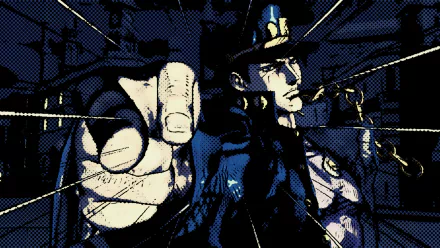 HD PC desktop wallpaper of Jotaro Kujo from JoJo's Bizarre Adventure: Stardust Crusaders — anime-style halftone portrait in dark blues, brimmed hat, hand pointing toward viewer.