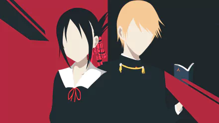 HD desktop wallpaper featuring minimalist art of Miyuki Shirogane and Kaguya Shinomiya from the anime Kaguya-sama: Love is War against a bold red and black background.