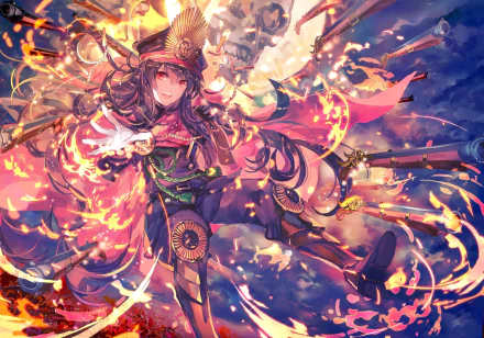 HD PC desktop wallpaper of Demon Archer from Fate/Grand Order, depicted in dynamic anime style with fiery effects and detailed fantasy armor.