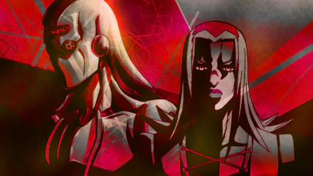 HD PC desktop wallpaper featuring Moody Blues and Leone Abbacchio from Jojo's Bizarre Adventure in a dramatic red and black anime style.