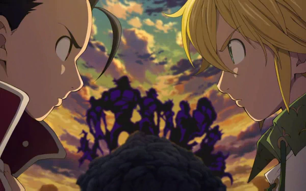 The Seven Deadly Sins HD wallpaper featuring an intense face-off between Zeldris and Meliodas against a dramatic sunset sky, with shadowy figures in the background.