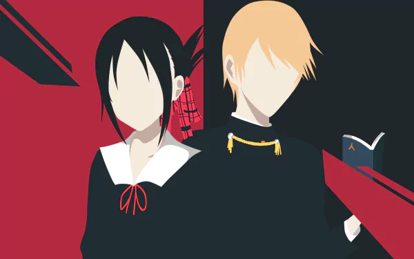 HD desktop wallpaper featuring minimalist art of Miyuki Shirogane and Kaguya Shinomiya from the anime Kaguya-sama: Love is War against a bold red and black background.