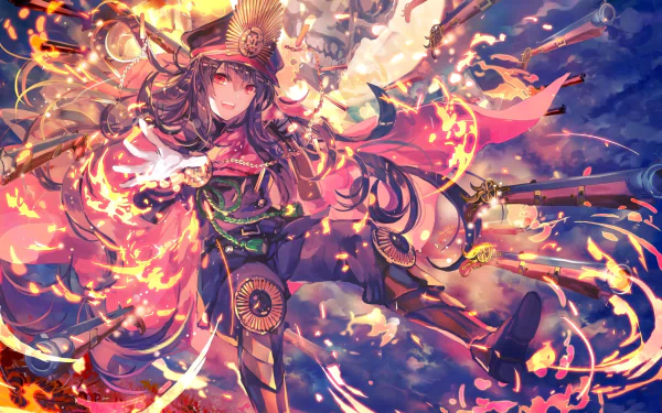 HD PC desktop wallpaper of Demon Archer from Fate/Grand Order, depicted in dynamic anime style with fiery effects and detailed fantasy armor.