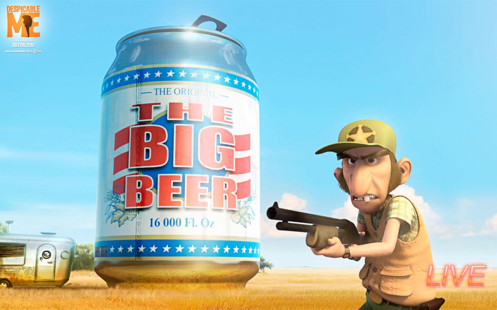 HD PC desktop wallpaper and background from the movie Despicable Me: a giant The Big Beer can in a sunny field as a gruff hunter aims a shotgun.