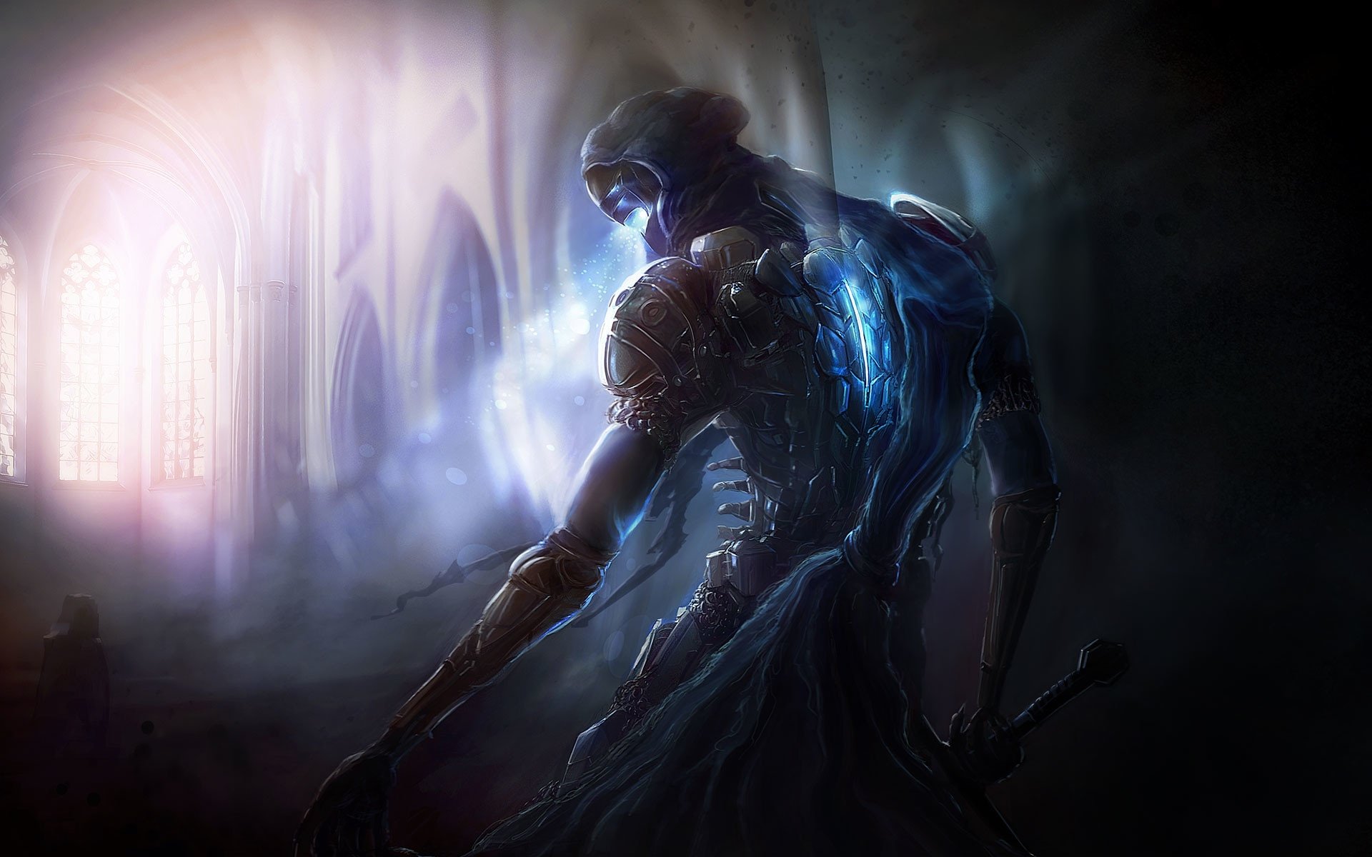 A fantasy warrior with glowing blue armor stands in a dark, mystical environment, captured in this HD PC desktop wallpaper and background.