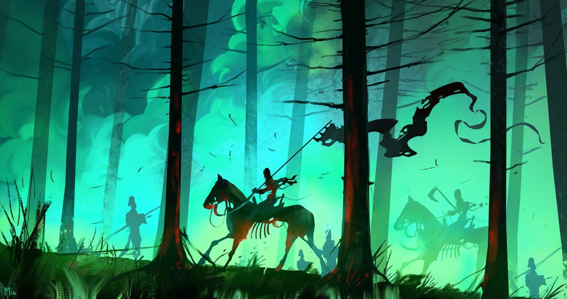 A dark forest scene with a skeletal undead figure on a horse holding a banner, casting an eerie glow in this HD PC desktop wallpaper background.