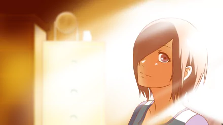 HD desktop wallpaper featuring Touka Kirishima from Tokyo Ghoul. The anime character with short hair is bathed in warm light, capturing a serene indoor moment.