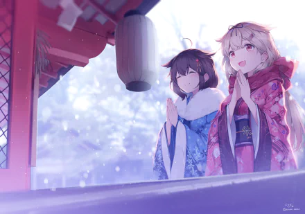 HD anime desktop wallpaper featuring Shigure and Yuudachi from Kantai Collection, depicted in traditional winter attire with a soft, snowy shrine background.