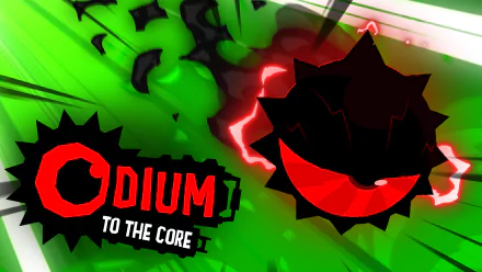 HD desktop wallpaper for Odium to the Core featuring a stylized black creature on a vibrant green and red background.