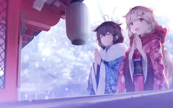 HD anime desktop wallpaper featuring Shigure and Yuudachi from Kantai Collection, depicted in traditional winter attire with a soft, snowy shrine background.