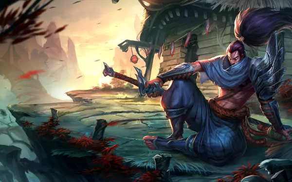 HD desktop wallpaper featuring Yasuo, a character from the video game League of Legends, poised with his sword in a scenic, mountainous terrain near a traditional building.