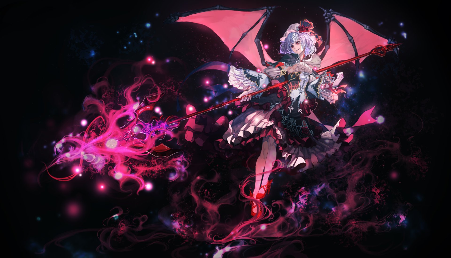 HD anime desktop wallpaper featuring Remilia Scarlet from Touhou, depicted with glowing pink magic and bat-like wings against a dark, mystical background.