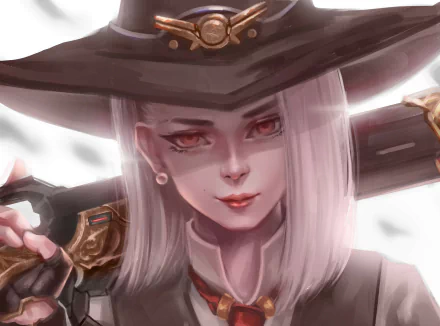 Ashe from Overwatch: HD PC desktop wallpaper — close-up portrait with white hair, red eyes, wide-brim hat and rifle in stylized video game art.