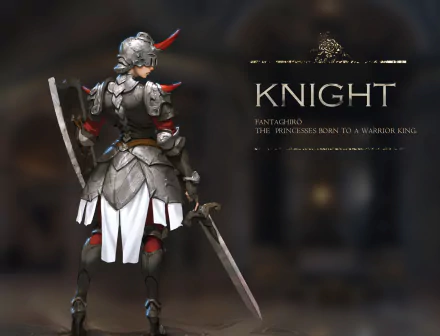 HD anime wallpaper of an original knight character in detailed armor holding a sword, set against a blurred background with the text KNIGHT: The princesses born to a warrior king.