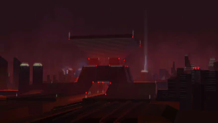HD desktop wallpaper featuring a stylized cityscape at night with neon red lights and dark silhouettes of buildings.