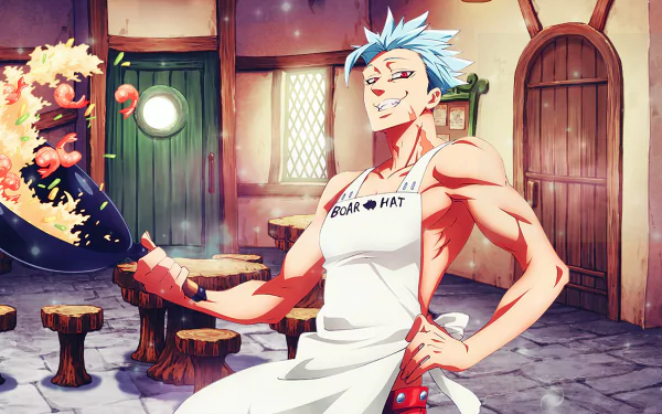 HD anime desktop wallpaper featuring Ban from The Seven Deadly Sins, standing confidently in a kitchen with a playful expression and a large wooden club.