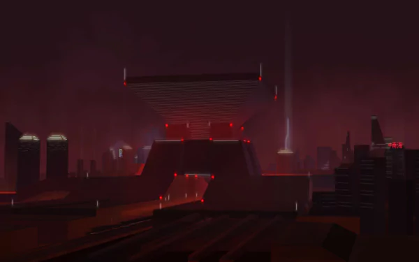 HD desktop wallpaper featuring a stylized cityscape at night with neon red lights and dark silhouettes of buildings.