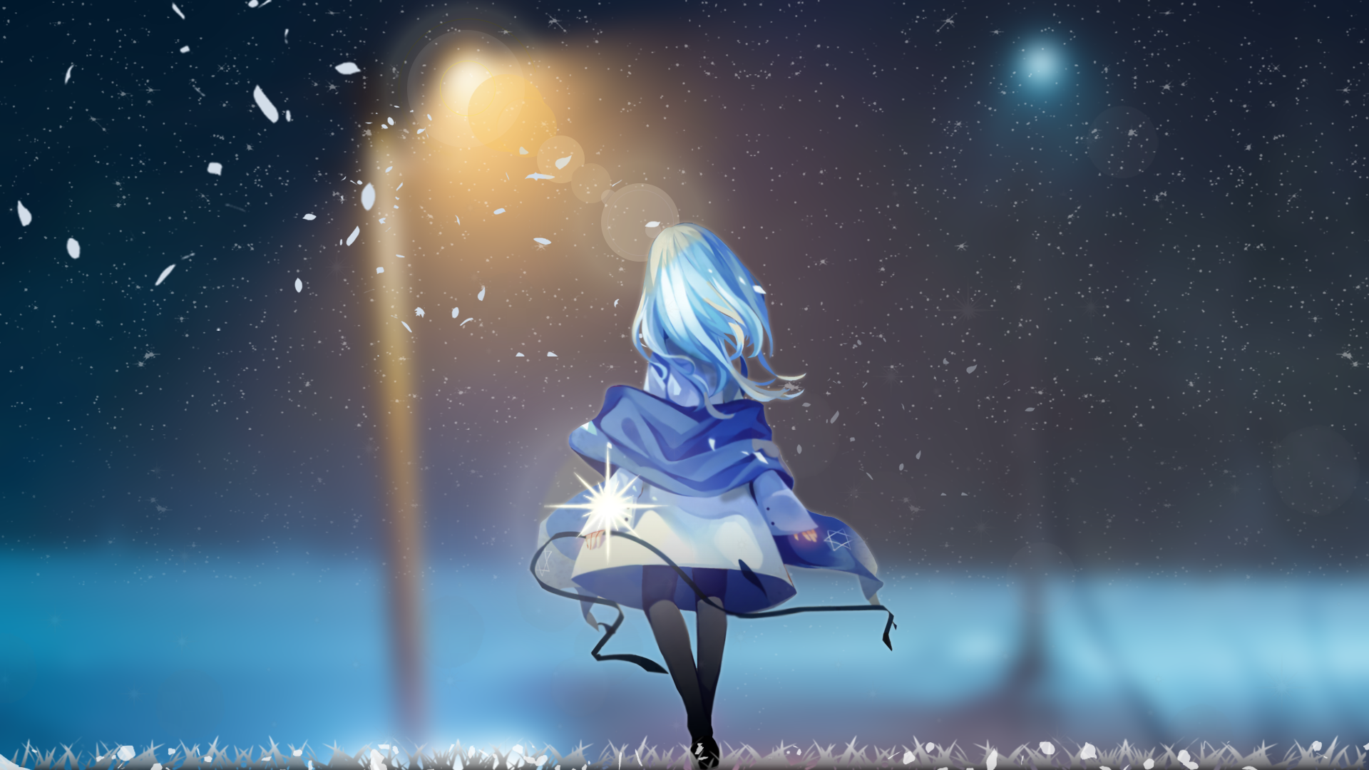 Anime girl with blue hair walking at night under streetlights, surrounded by floating lights. HD wallpaper and background.