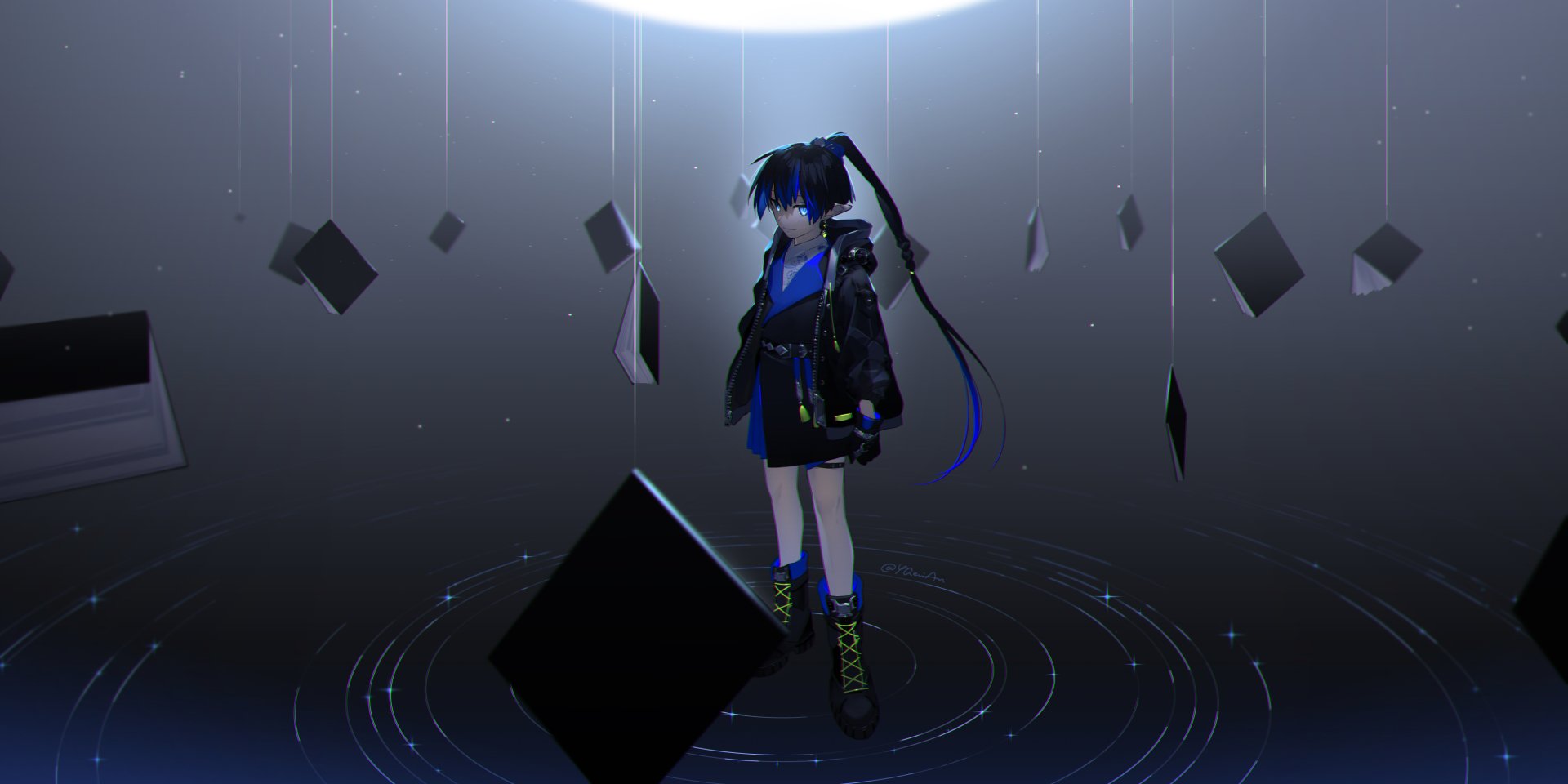 HD wallpaper featuring Mato Kuroi, an anime character with long blue and black hair and blue eyes, wearing a blue outfit. She stands amidst floating books with a dark, atmospheric background.