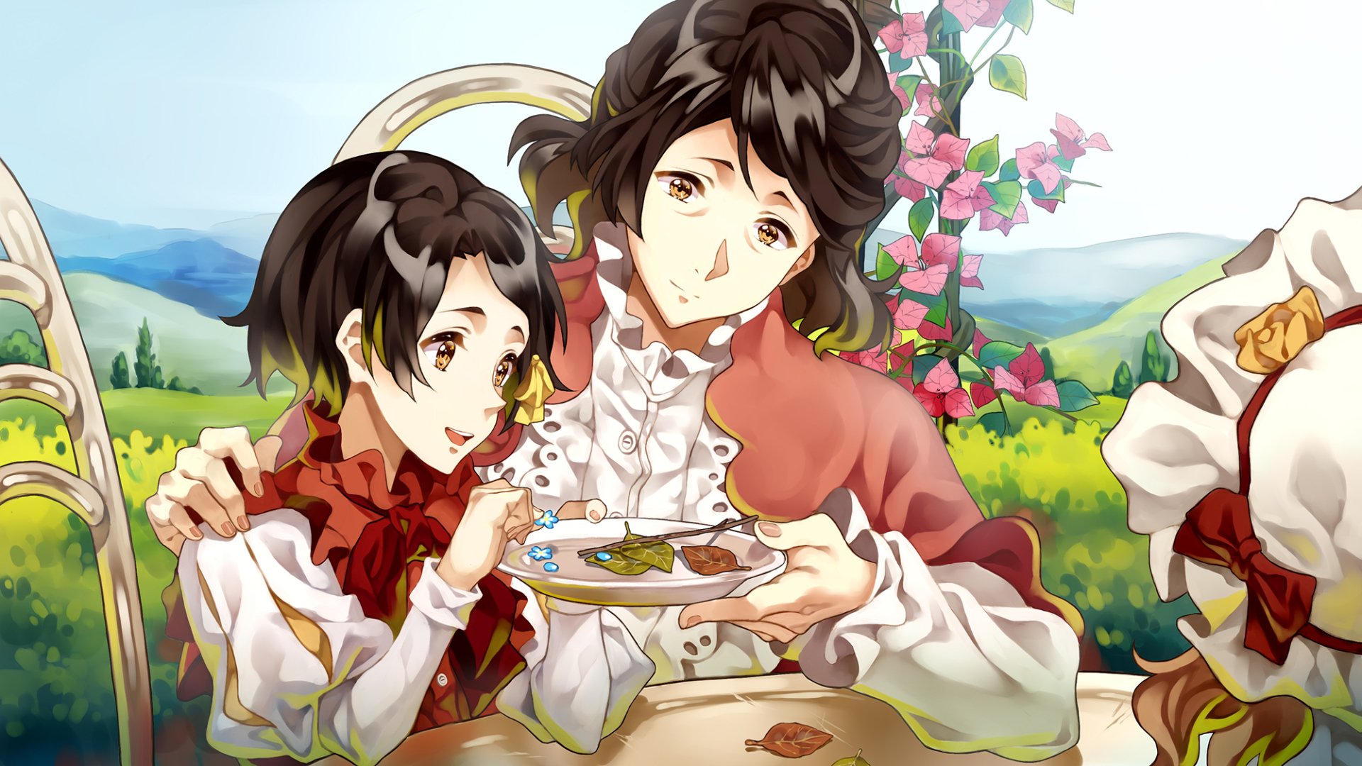 Anime wallpaper featuring Clara Magnolia and Anne Magnolia from Violet Evergarden sharing a moment outdoors with flowers and a scenic landscape.