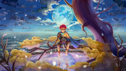HD anime-style original desktop wallpaper featuring a red-haired character sitting on tree branches under a glowing full moon with clouds and a starry night sky.