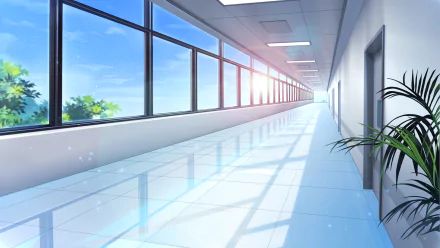A stunning HD anime wallpaper showcasing a bright, serene hallway with large windows and a glossy floor, illuminated by sunlight and framed by green plants.