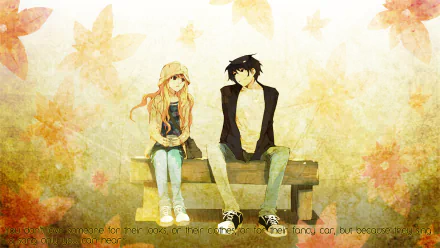 Anime-style HD desktop wallpaper featuring a young man and woman sitting on a bench surrounded by soft autumn leaves, evoking a calm, youthful atmosphere.