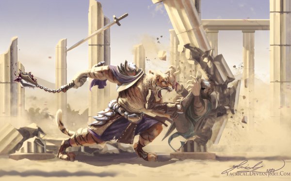 Fantasy Warrior Tiger Desert Sword Fight HD Wallpaper | Background Image