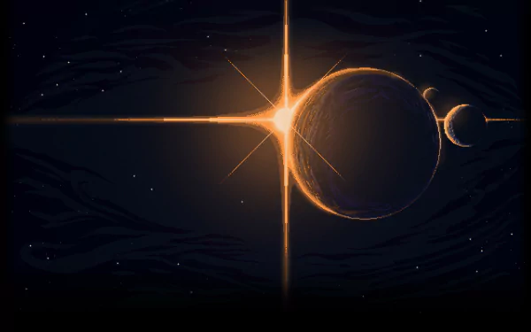 A stunning HD desktop wallpaper featuring a pixel art depiction of planets in space, illuminated by a bright stellar light against a dark cosmic background.