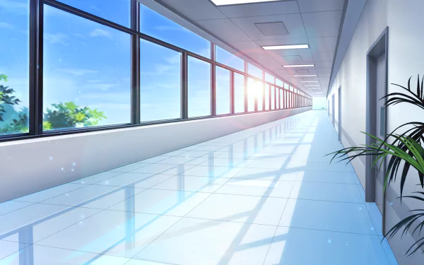 A stunning HD anime wallpaper showcasing a bright, serene hallway with large windows and a glossy floor, illuminated by sunlight and framed by green plants.