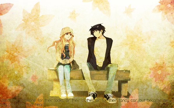 Anime-style HD desktop wallpaper featuring a young man and woman sitting on a bench surrounded by soft autumn leaves, evoking a calm, youthful atmosphere.