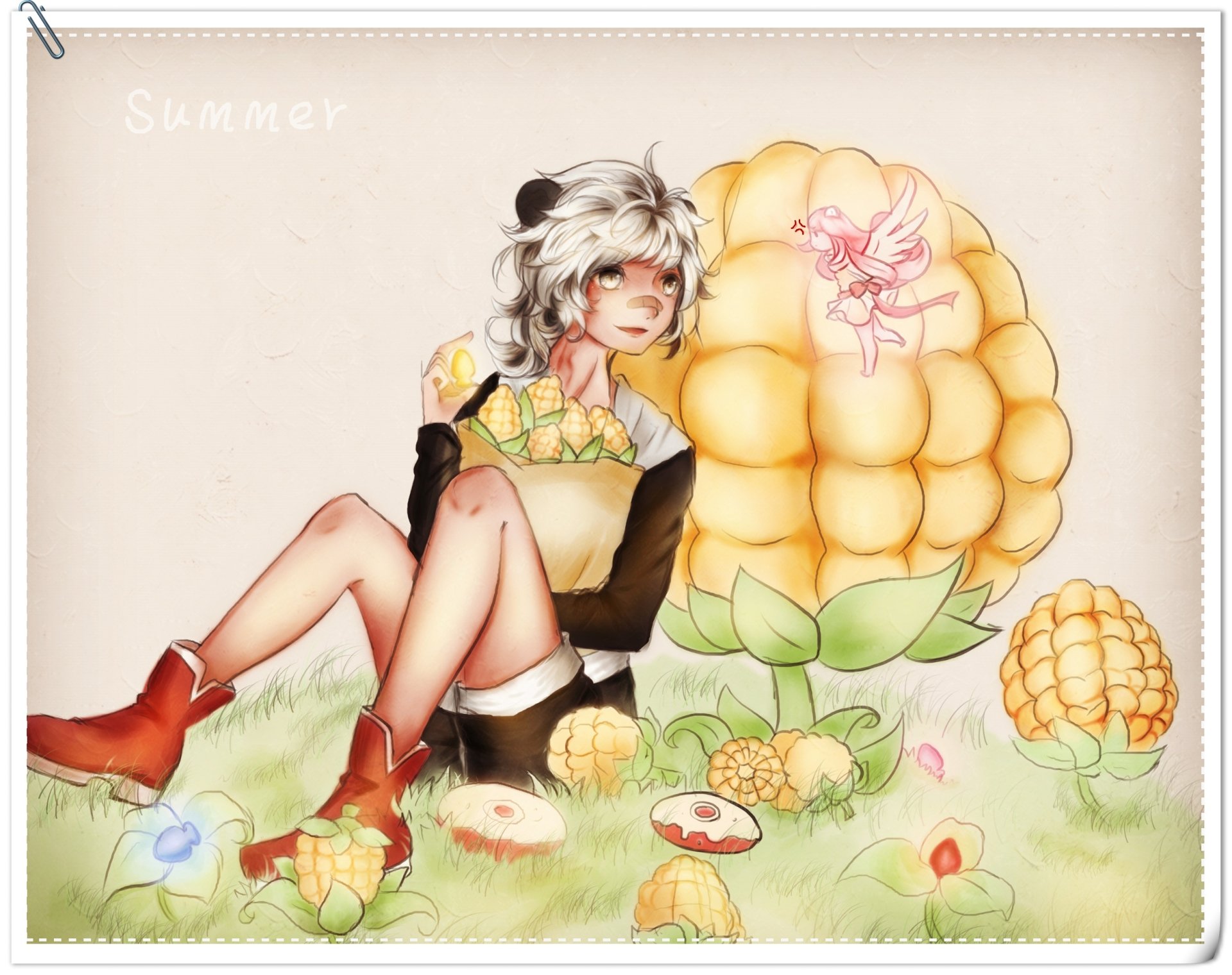 Anime original HD PC desktop wallpaper: white-haired girl in boots sits on grass with a basket of yellow fruit, leaning on a giant puffy yellow fruit surrounded by flowers and small produce.