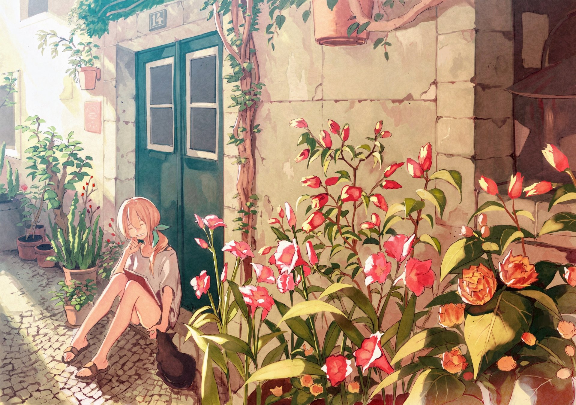 Anime-style 4K Ultra HD wallpaper featuring a blonde girl with long hair reading a book beside a black anime cat, surrounded by vibrant flowers near a rustic stone building.