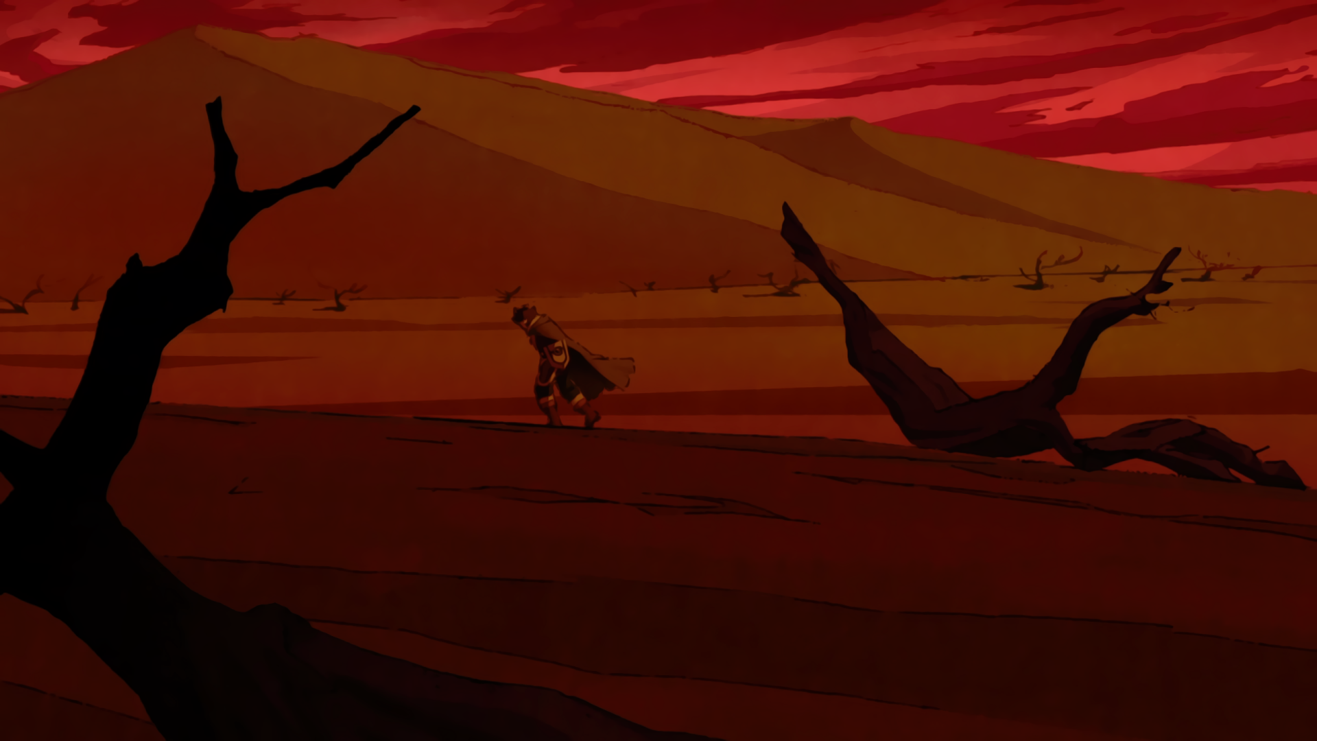 Naofumi Iwatani from The Rising of the Shield Hero walks a barren desert at sunset, silhouetted against a blood-red sky — 2K Quad HD PC desktop wallpaper/background, anime.