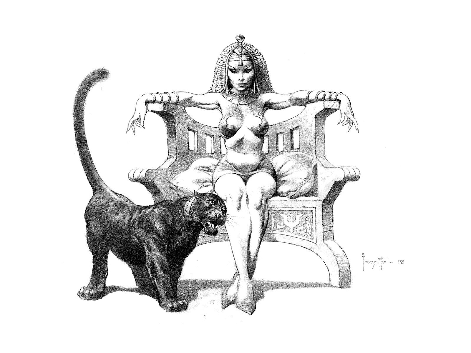 A striking comic illustration of an Egyptian queen seated on an ornate throne, accompanied by a fierce panther, designed as an HD desktop wallpaper and background.
