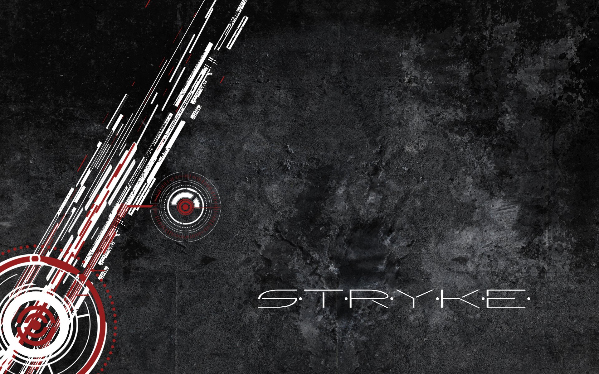 Abstract HD PC desktop wallpaper featuring digital red and white circular and linear elements on a textured dark background with the word STRYKE.