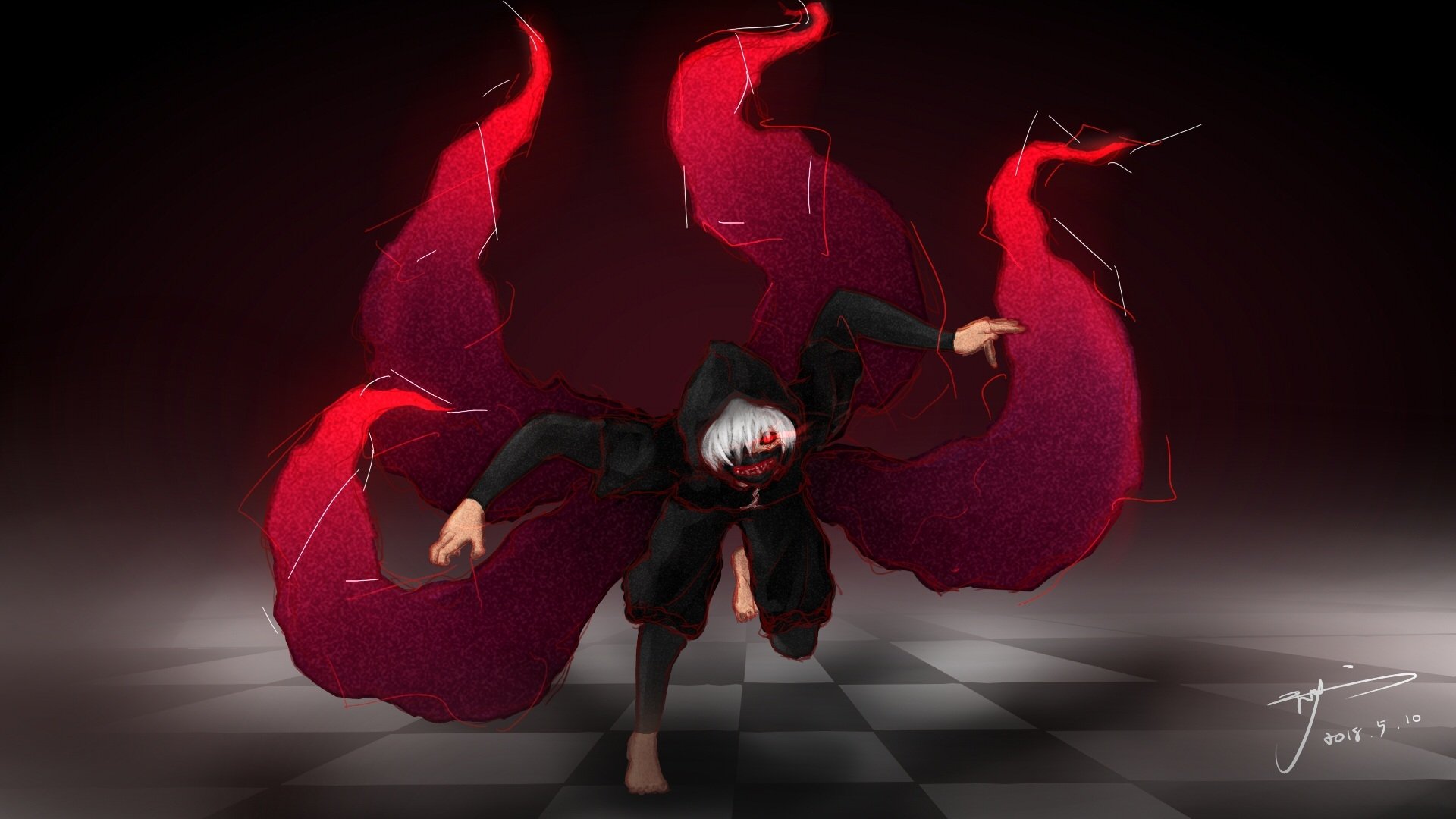 HD PC desktop wallpaper of Ken Kaneki (Tokyo Ghoul) crouching on a checkerboard floor, red kagune tendrils flaring behind him against a dark, moody background.