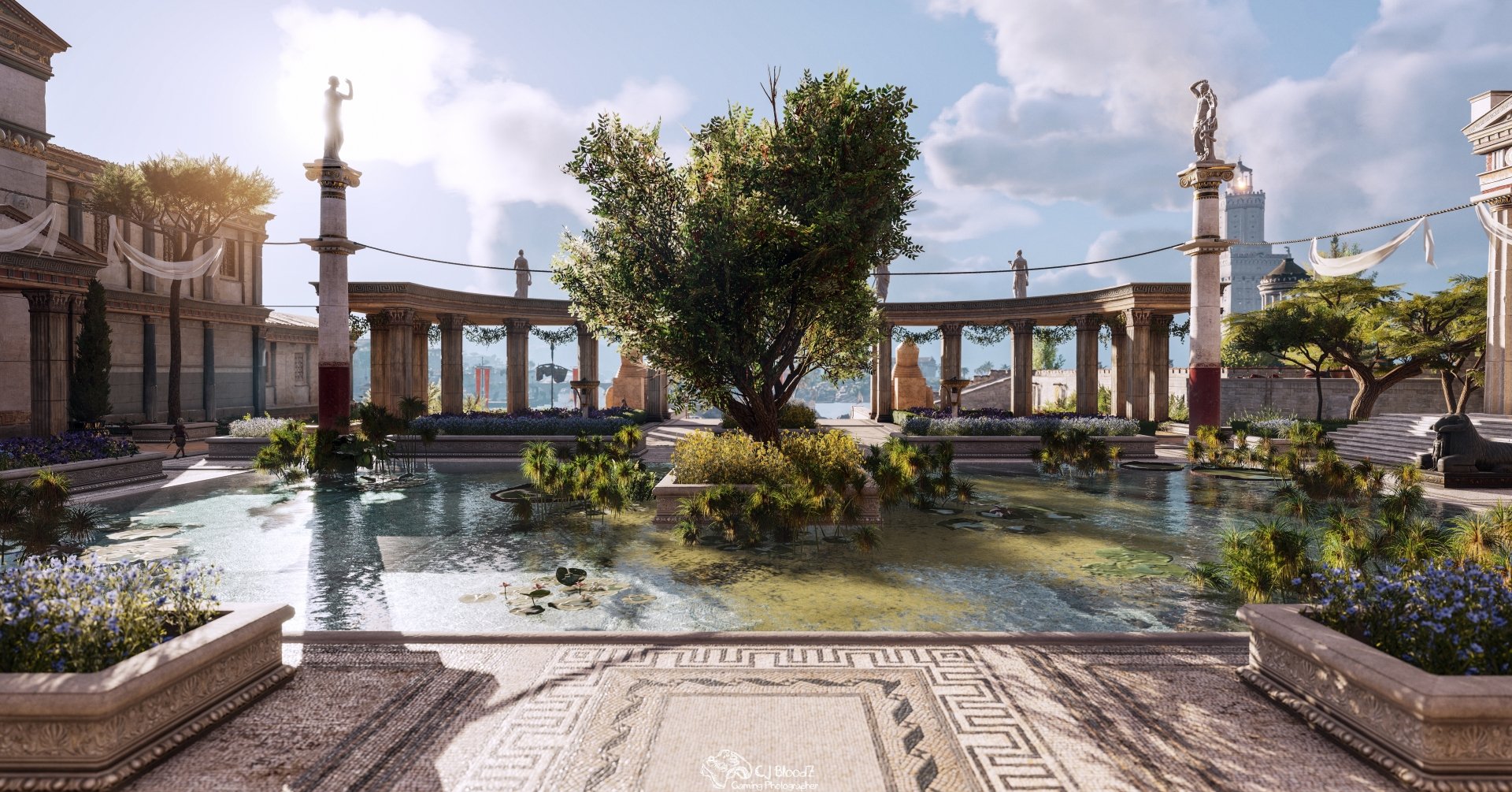 Assassin's Creed Origins 5K Ultra HD PC wallpaper — sunlit ancient Egyptian courtyard with a central tree, reflective pool, marble colonnade and ornate mosaic-tiled foreground.