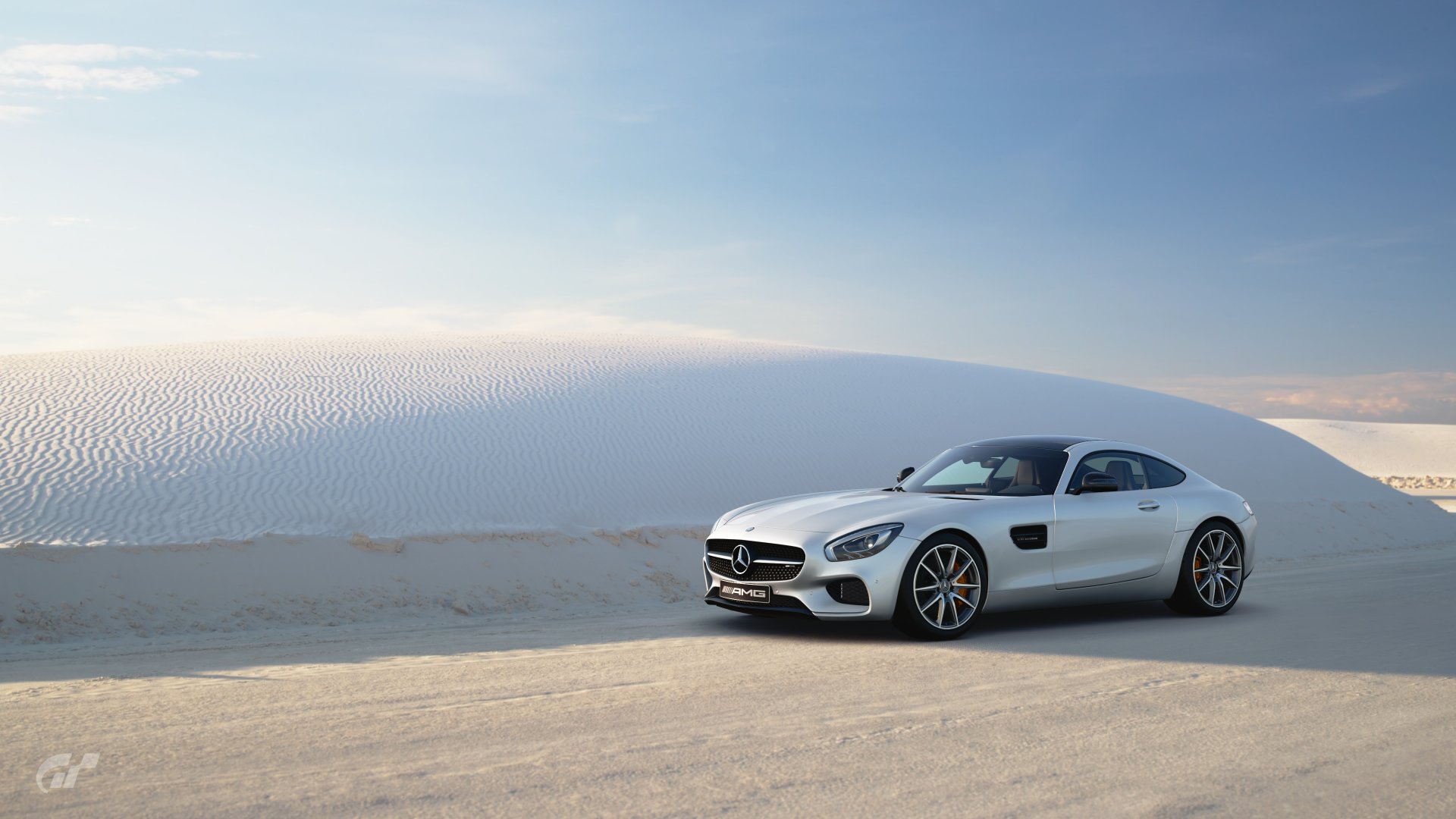 A sleek white Mercedes-AMG GT S parked on a desert road under a clear sky, featured as a 4K Ultra HD Gran Turismo PC desktop wallpaper.